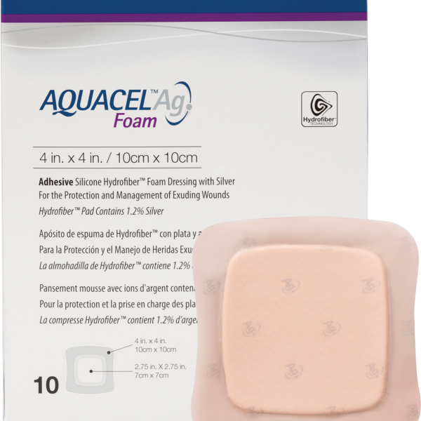 AQUACEL Ag Foam Adhesive Dressing 4" x 4", 2.75" x 2.75" Pad Size