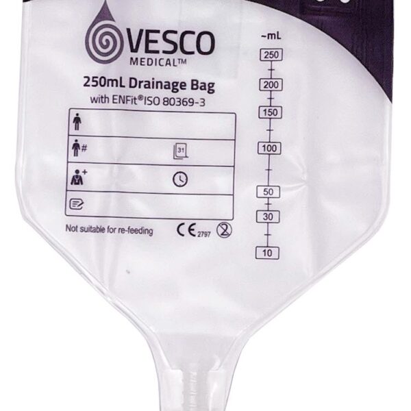 250mL PVC ENFit Drainage Bag with 30" (75cm)Tubing & Hanger