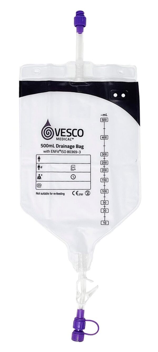 500mL PVC ENFit Drainage Bag with 60" (150cm) Tubing & Hanger