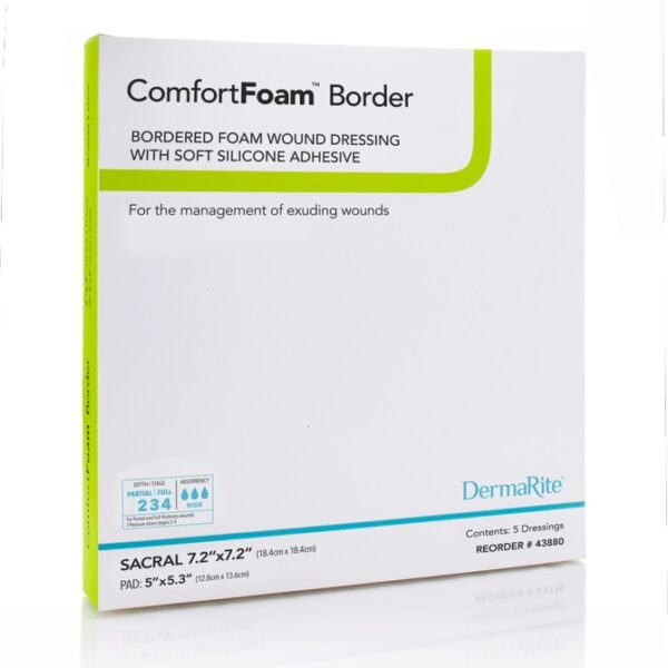 ComfortFoam Border Foam Wound Dressing with Soft Silicone Adhesive, Sm. Sacral, 7.2" x 7.2"