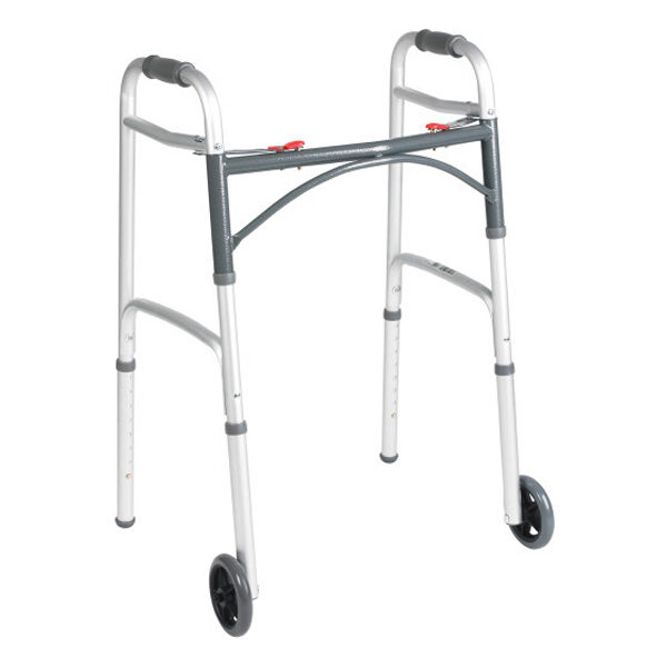 Deluxe Junior Assembled Folding Walker, Two Button with 5" Wheels, 350 lb