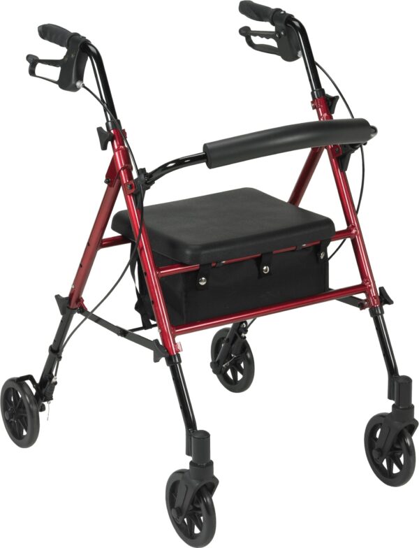 4-Wheel Rollator Red, 6" Casters, Aluminum