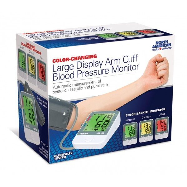 Color-Coded Arm Cuff Blood Pressure Monitor with Backlit Hypertension Indicator