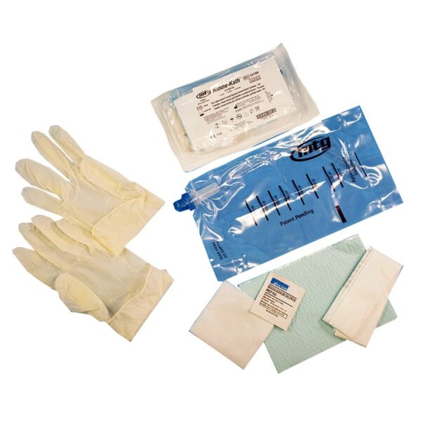 EZ-Advancer Closed System Intermittent Pediatric Catheter, Standard-Size Kit, 10 Fr, 16" Length, 1500 mL Collection Bag, Gloves, Underpad, Gauze, BZK Swabsticks