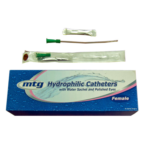MTG Hydrophilic Straight Tip Female Intermittent Catheter, 12 Fr, 6" Vinyl Catheter with Sterile Water Sachet and Handling Sleeve