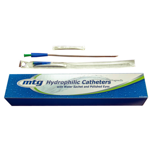 MTG Hydrophilic Coude Tip Catheter, 12 Fr, 16" Vinyl Catheter with Sterile Water Sachet and Handling Sleeve