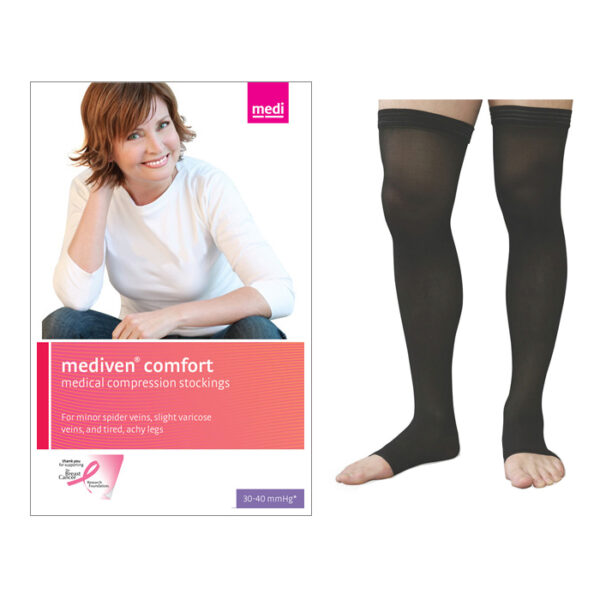 Mediven Comfort Thigh-High with Silicone Top Band, 30-40, Petite, Open, Ebony, Size 3