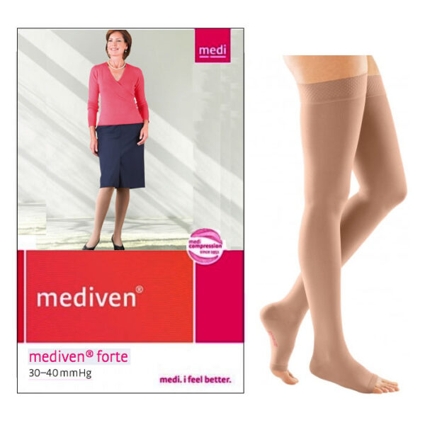 Mediven Forte Thigh-High with Silicone Top Band, 30-40, Petite, Open, Caramel, Size 6