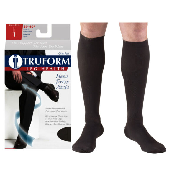 Truform Men's Dress Knee High Support Sock, 30-40 mmHg, Closed Toe, Black, X-Large