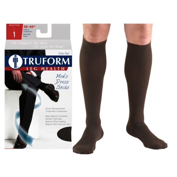 Truform Men's Dress Knee High Support Sock, 30-40 mmHg, Closed Toe, Brown, Medium