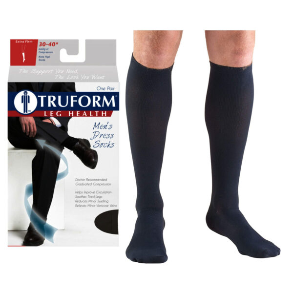 Truform Men's Dress Knee High Support Sock, 30-40 mmHg, Closed Toe, Navy, Medium