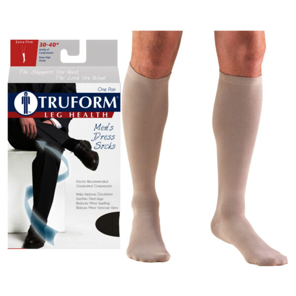 Truform Men's Dress Knee High Support Sock, 30-40 mmHg, Closed Toe, Tan, Small