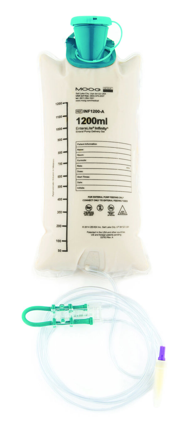 EnteraLite Infinity 1200 mL Bag Pump Set with Pre-attached ENFit Transitional Connector.
