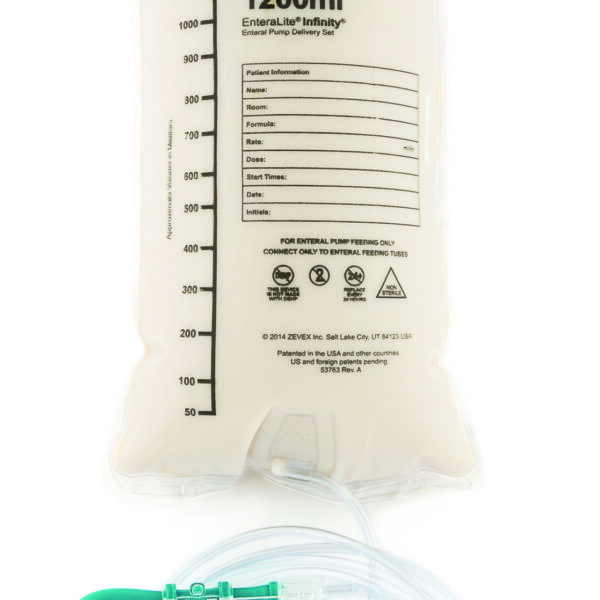EnteraLite Infinity 1200 mL Bag Pump Set with Pre-attached ENFit Transitional Connector.