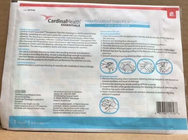 Cardinal Health Essentials Sterile Latex-Free Transparent Thin Film Adhesive Dressing 6" x 8"